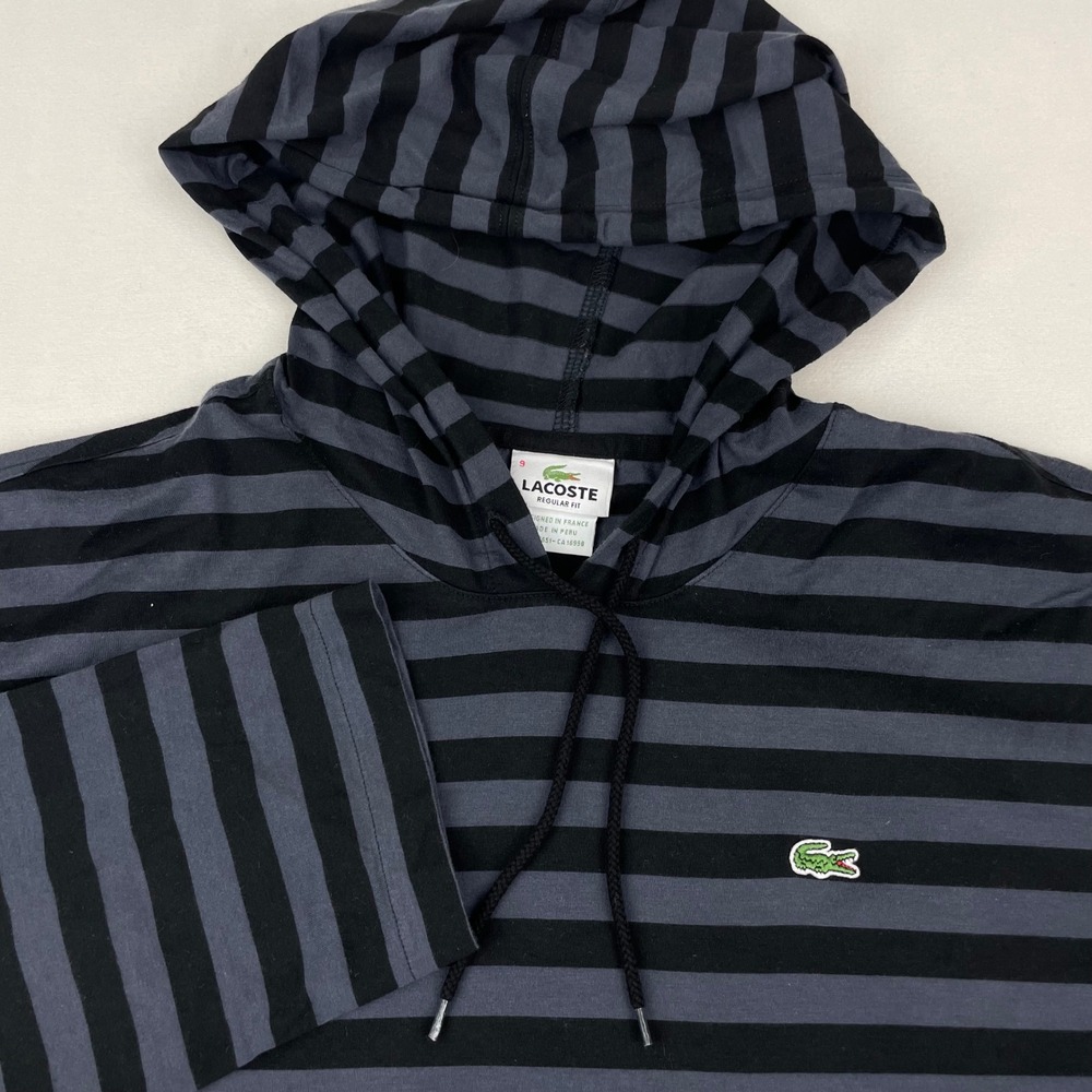 Lacoste Mens Striped Long Sleeve Hooded Shirt Grey Black Regular Fit Size 9